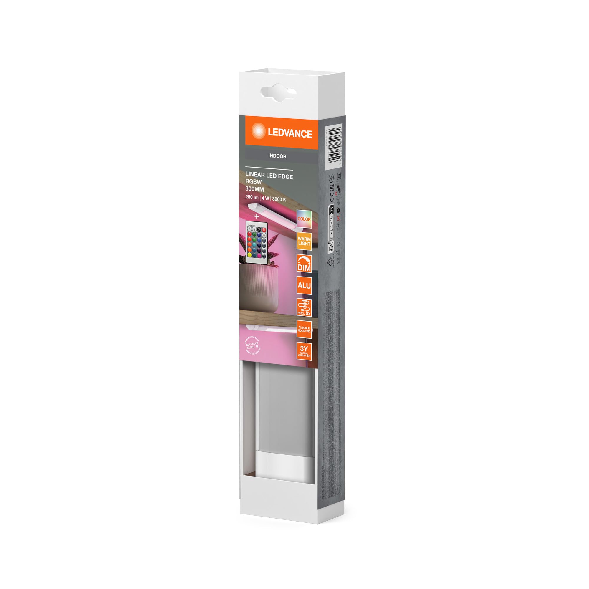 LEDVANCE Linear Edge Sensor Luminaria bajo mueble de alto voltaje con RGBW, 30cm, regulable, 4W, 230lm, 3000K, luz blanca cálida, aluminio blanco, IP20, mando a distancia blanco