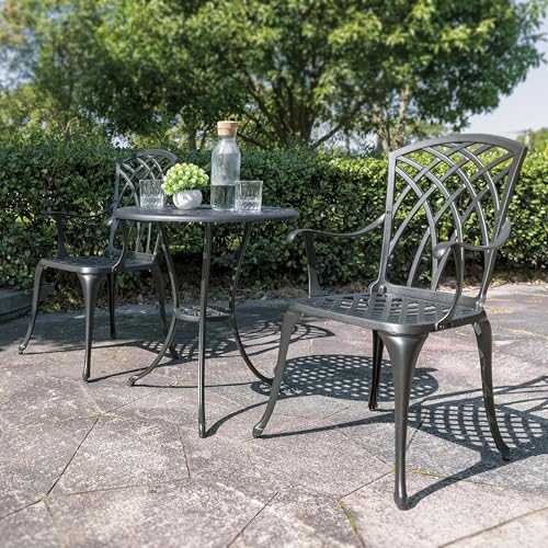 NUU GARDEN 3-Piece Patio Bistro Set, Cast Aluminum Table and 2 Chairs with Umbrella Hole, Outdoor Bistro Set for Patio or Backyard, Black - Thumbnail 4