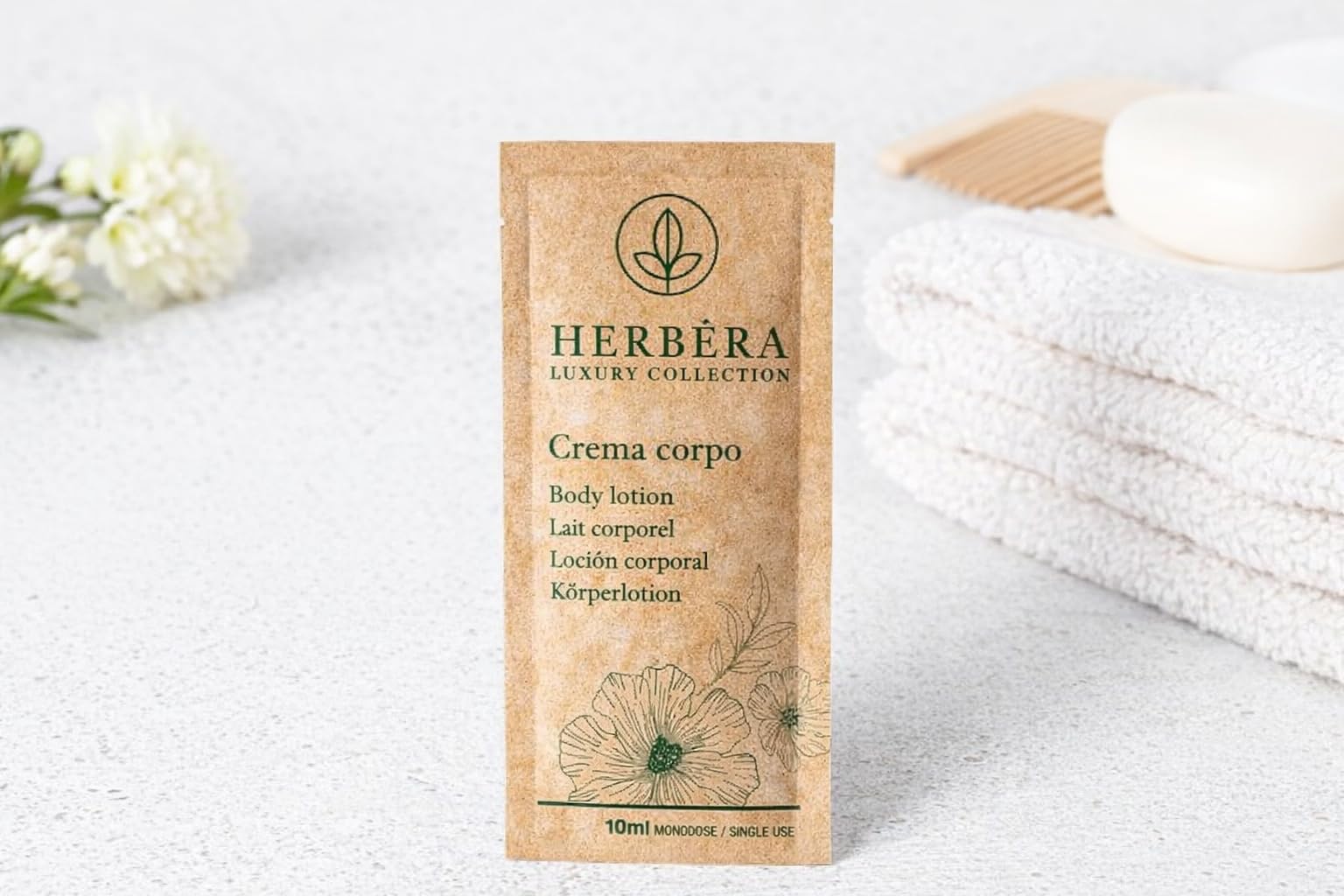 HERBERA Luxury Crema Corpo in Bustina BIO Flow Pack Green 10 ml, Conf. 500 pz - Linea Cortesia Hotel - Monouso Monodose