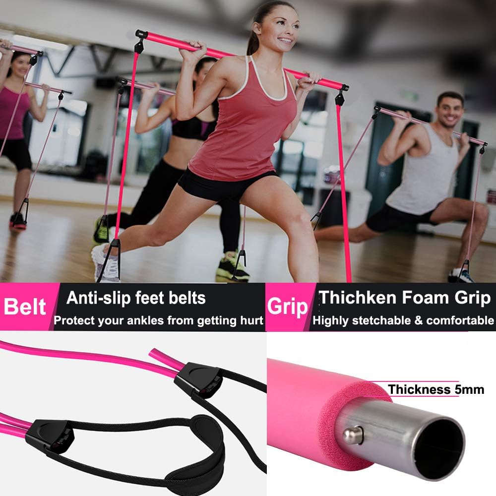 Pilates Bar, Wastou Portable Pilates Bar Kit with Adjustable Resistance Band for Different Height, Home Gym Exercise Stick Yoga Bar with Foot Loop for Hipsline, Stretching, Muscle Toning (Pink) : Sports & Outdoors