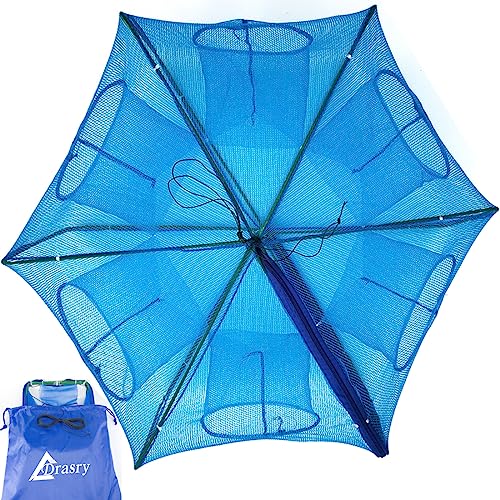 Drasry Fishing Bait Trap Foldable Fish Minnow Crab Crayfish Crawdad Shrimp Net Trap Cast Net Dip Cage Collapsible Easy Use Hexagon 6 8 12 Hole Fishing Accessories (Blue-6 Holes)