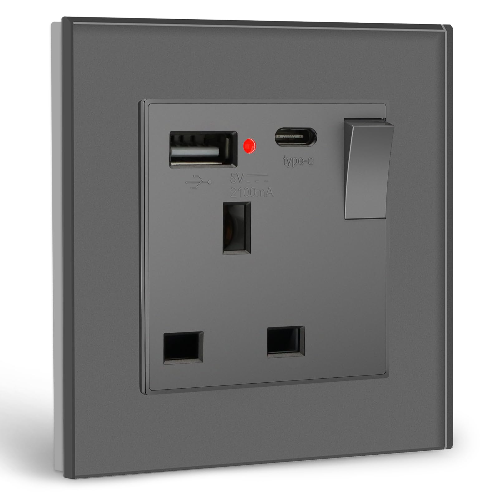 BSEED Single Switched Socket with USB C and USB A Charging Ports, UK Standard Electric Power Sockets with Glass Panel, 1 Gang Wall 13A Socket, Grey — image 1