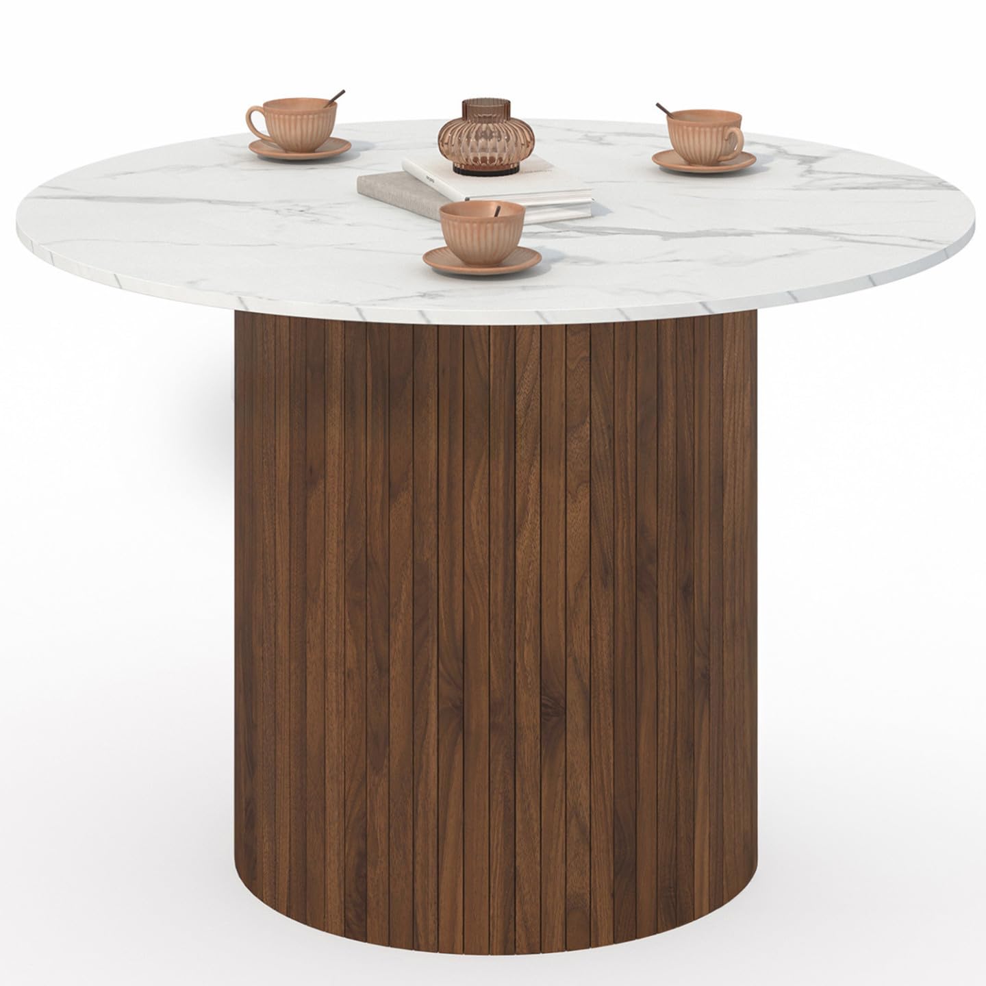IDMarket – Mesa de comedor redonda Julieta para 6 personas, pie central, efecto lamado, nogal y bandeja efecto mármol, color blanco Alaska