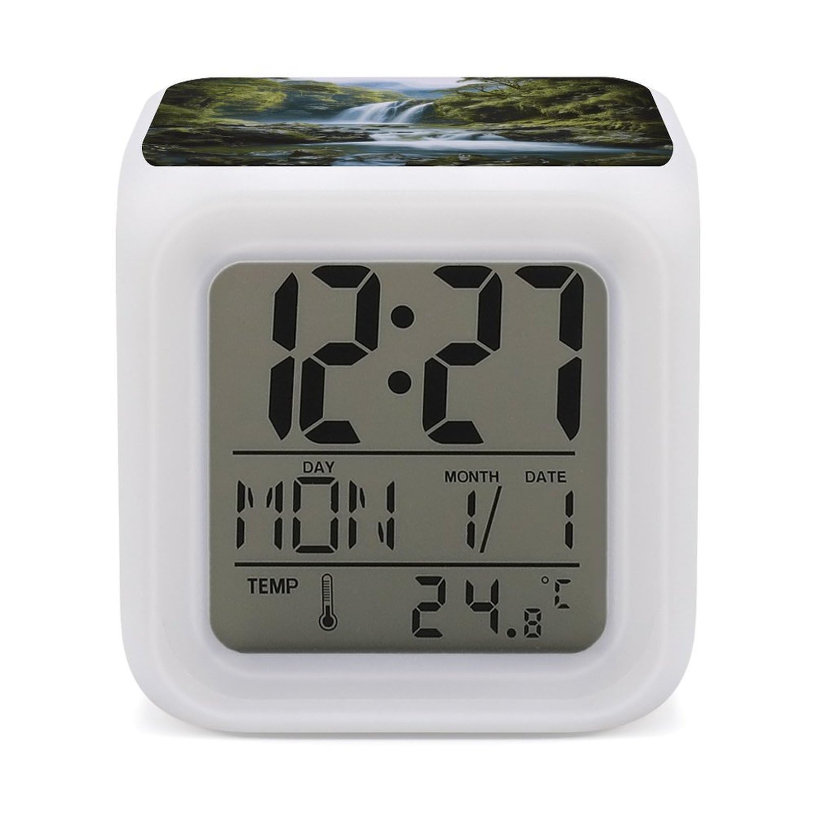 VstaDank Waterfall Landscape Painting Alarm Clock with 7 Color Changing Night Light Date Temp Display Wake Clocks LED Display Digital Clock Electric Desk Clocks for Living Office Bedroom Decor