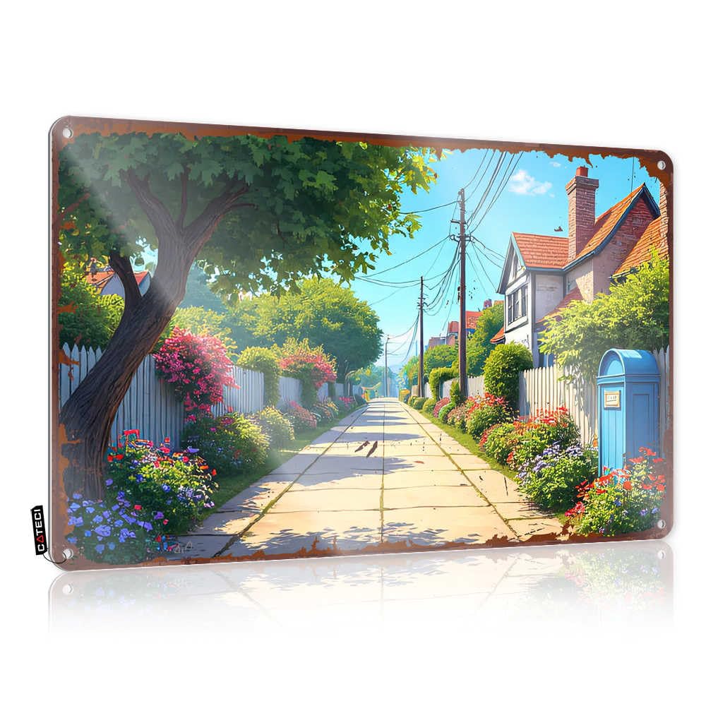 Fzfn Boys Colour Lake Sweet Wall Art - Sunlit Lane: A Serene Neighborhood Garden Scene Western Metal Wall Art Ready To Hang For Saloon Bar(30X40cm)
