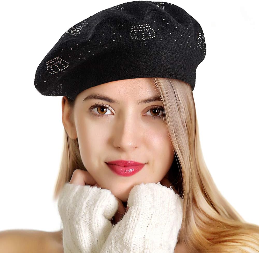 LADYBRO Rhinestone Beret Hats for Women 2 Layers Wool French Knit Cap Lady Winter Black - Image 8
