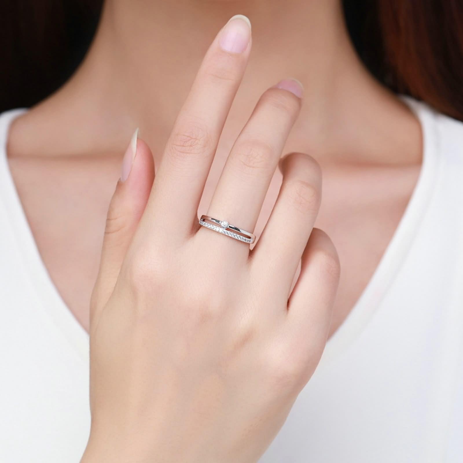 Anillo de oro blanco 9 K/14 K, alianzas de compromiso redondo con moissanita blanca promesa regalos para mujer