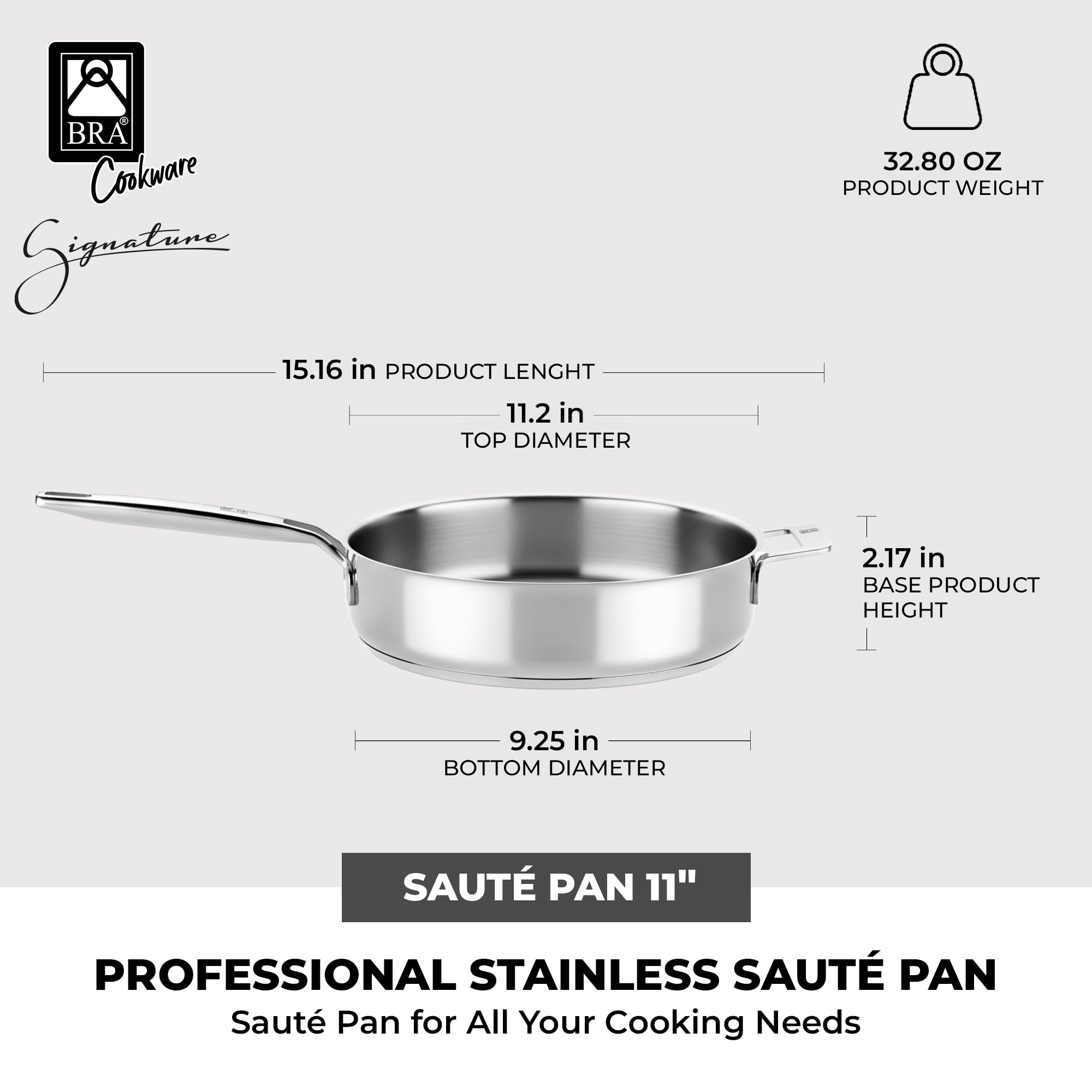 BRA Signature | Sartén honda 20 cm, Acero Inoxidable 18/10, Sin Antiadherente, Triple Fondo Difusor, Apto para todo tipo de Cocinas e Inducción