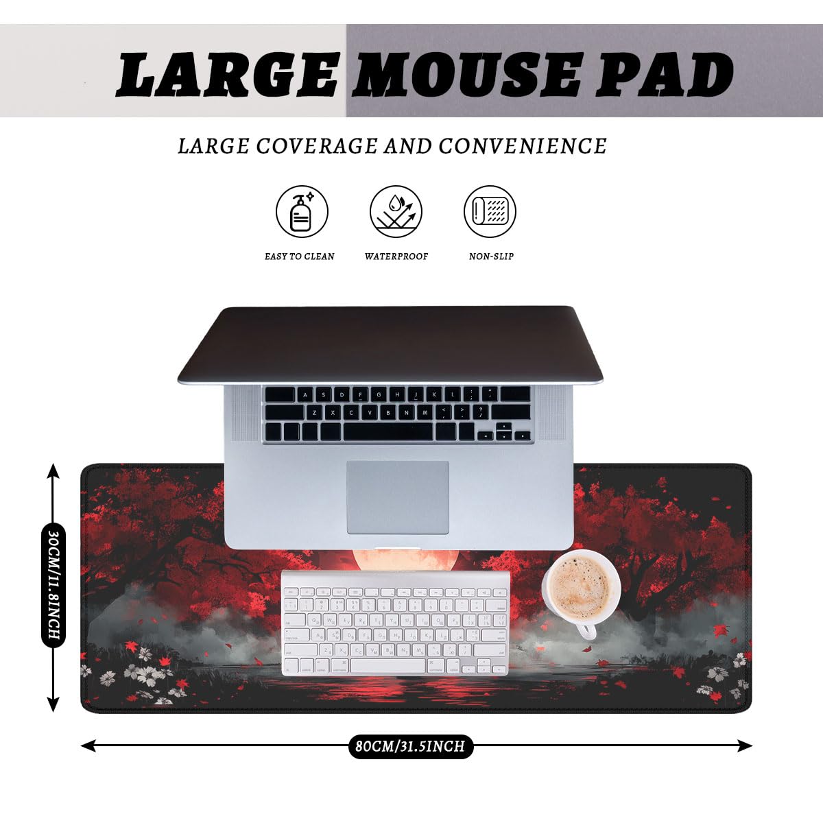 Tappetino per mouse da gioco con guerriero giapponese, motivo anime, cielo e luna piena, foglie rosse, grande tappetino per mouse da gioco con bordi cuciti, base in gomma antiscivolo impermeabile, 80
