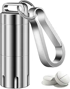TISUR Titanium Small Pill Holder Keychain, Portable Pill Case Waterproof Pocket Pill Box Container Carrier to Hold Pills, Vitamins, Fish Oil, Supplements