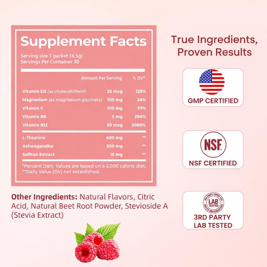Calm Magnesium Powder, Cortisol Supplement for Women, Supports Sleep, Stress Relief & Relaxation with Ashwagandha, Saffron, L Theanine, Vitamin D3, No Sugar, 30Ct, Raspberry Lemonade