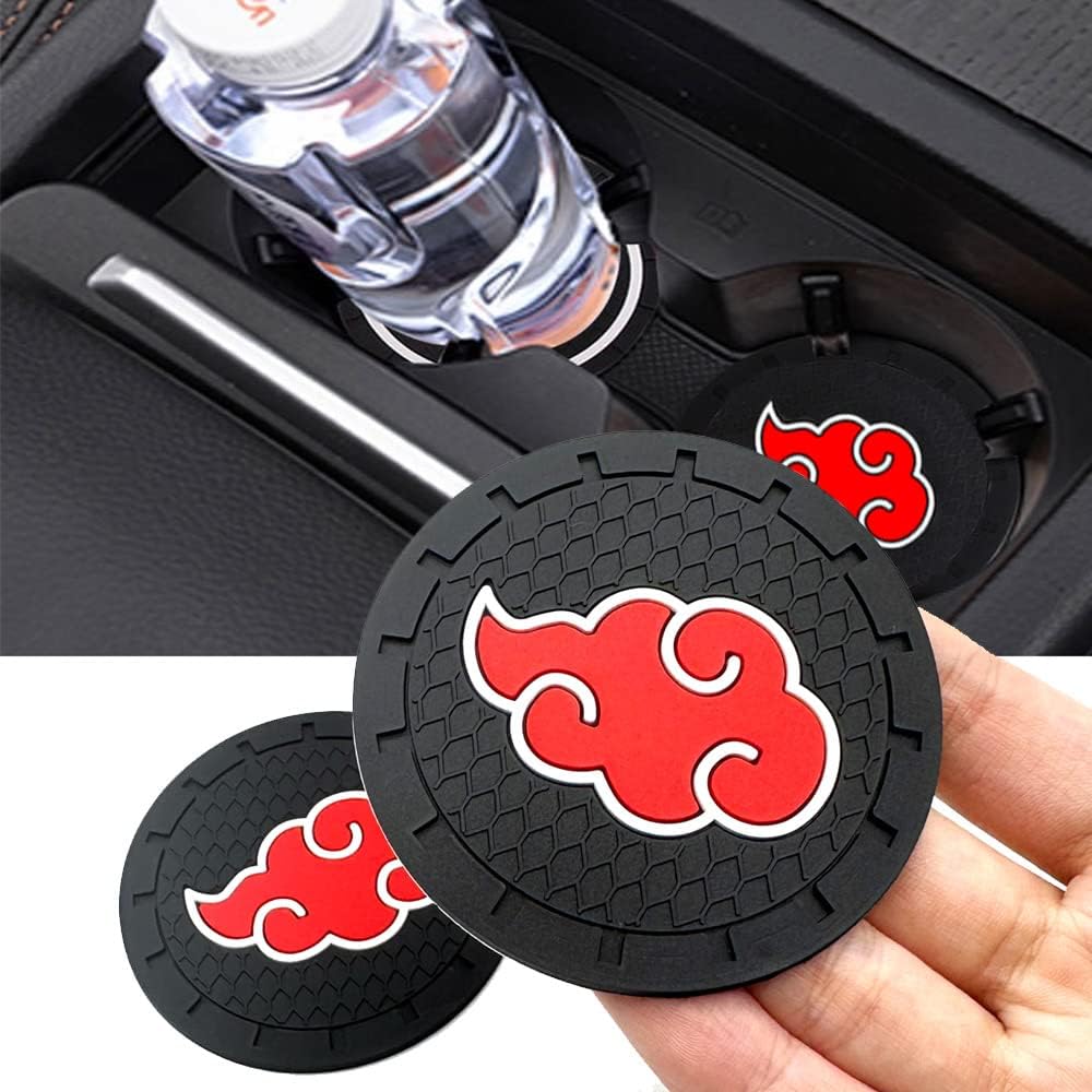 2 Pack Anime Car Cup Coasters, 2.6 Inch Universal Black Cup Holders Embedded in Ornaments Coaster, Bar Drink Round Cup Mat with Non-Slip Base, Auto Decorate Accessories for Fans, 02
