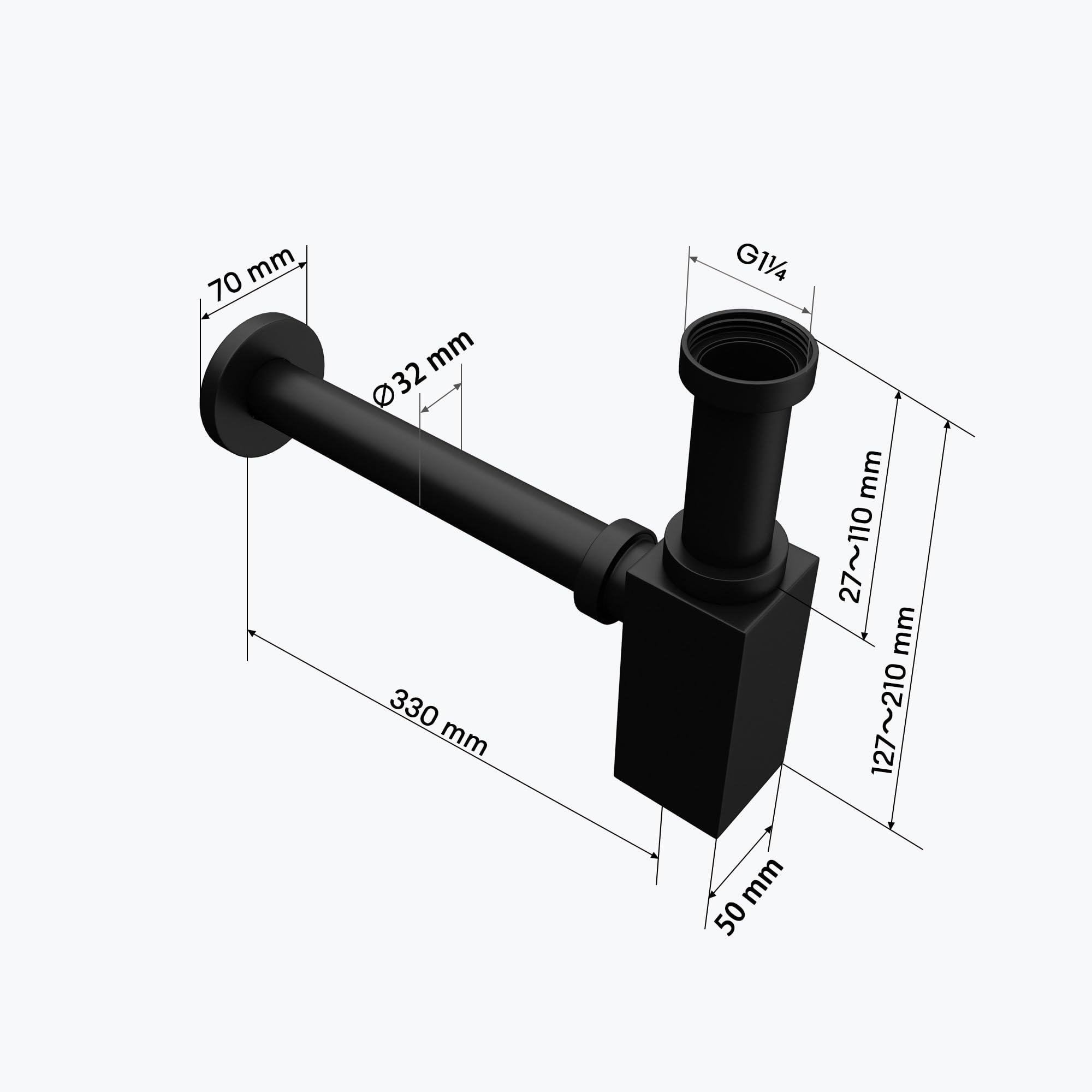 doporro Sifón Universal para Lavabo de Diseño 50x33x24cm Sifón de Tubería Cuadrado Negro Mate para Baño S06