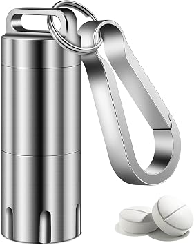 TISUR Titanium Pill Holder Keychain, Portable Pill Case Box Container | Rustproof Non-Reactive with Medicine, Rubber O-ring Airtight Waterproof, Portable Key Clip