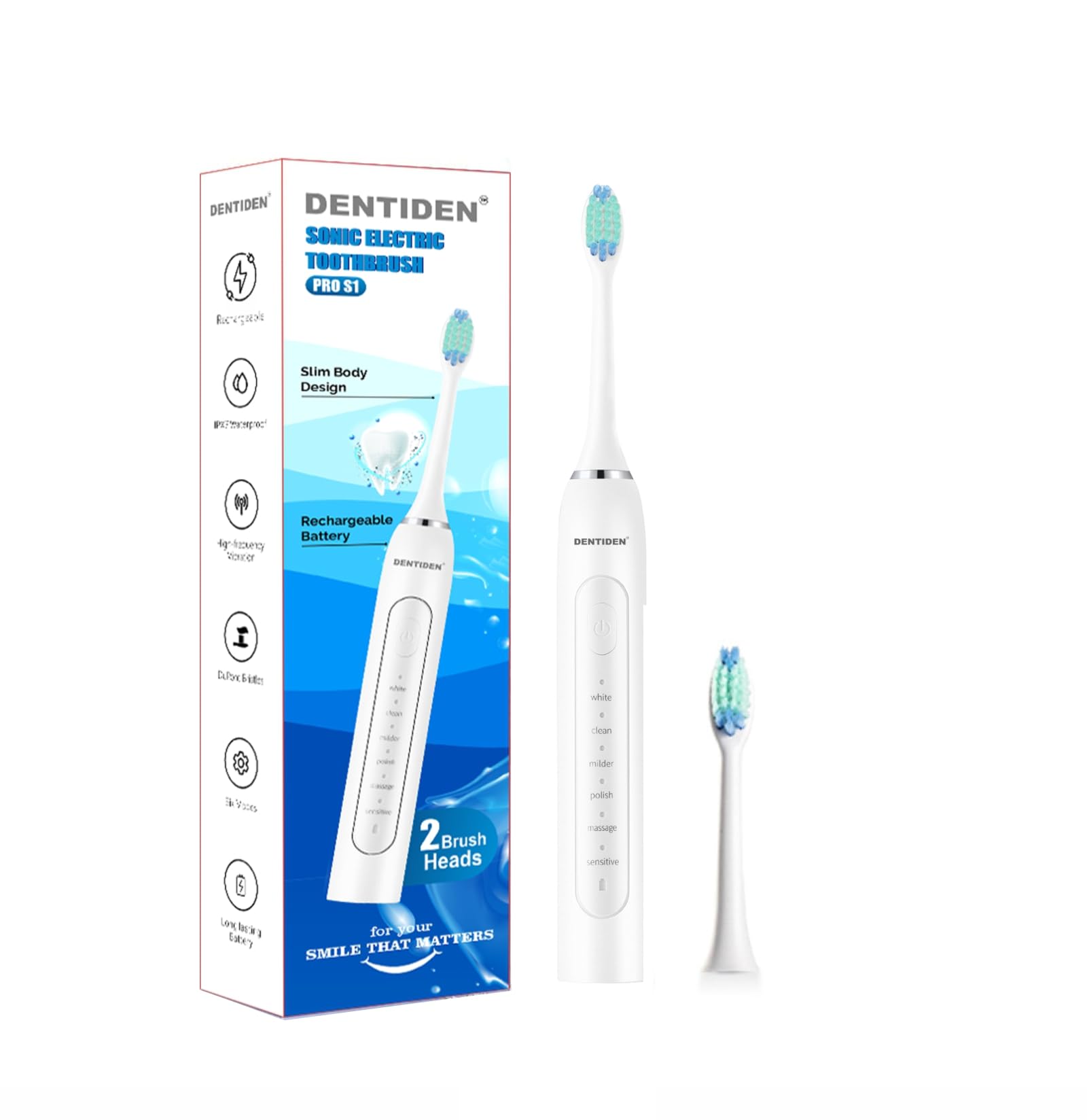 DENTIDEN Adult Pro S1 Rechargeable Electric Toothbrush, 6 Modes, 36000 Vibrations/Min, 2 Brush Heads, 30 Days Battery, Dupont Bristles, Sonic Vibration, Low Noise, 30 Sec Quadrant Reminder,White-image-31