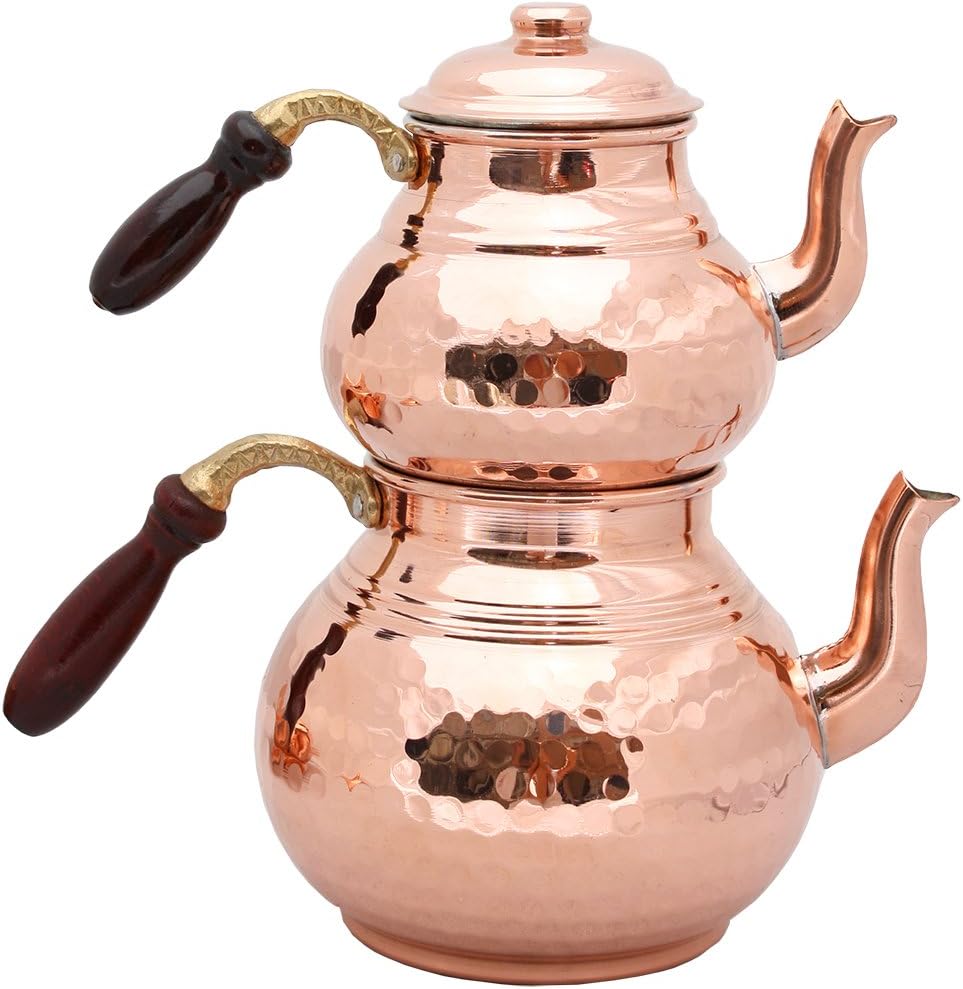 Set of 2 Teapots with Lids and Wood Handle, Copper Teapots, Hammered Copper Tea Pot, Turkish Tea, Copper Pot