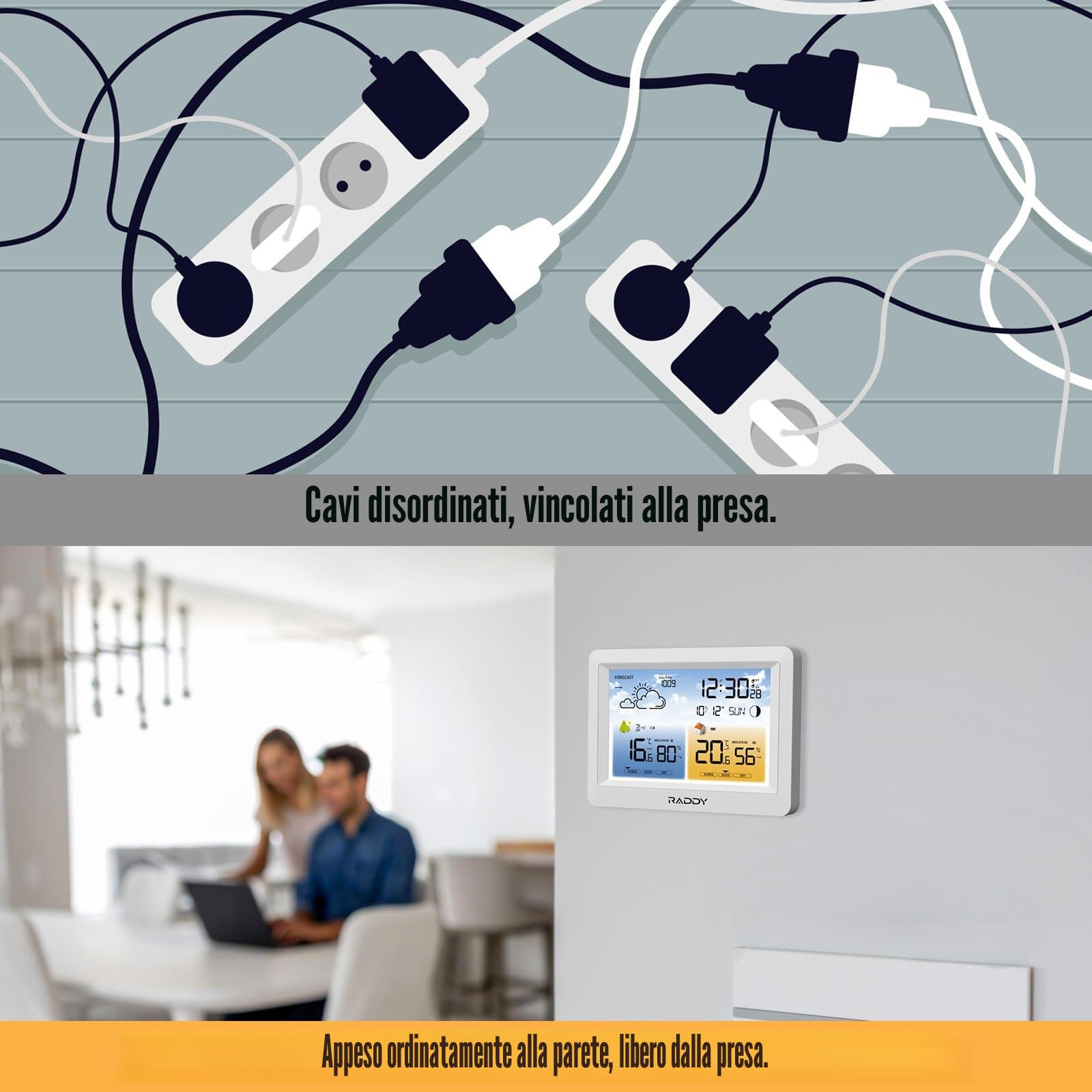 Stazione meteorologica wireless Raddy WM6 con sensore remoto, batteria integrata da 2000 mAh, barometro, orologio DCF, previsioni meteo, avviso rischio muffa, display a colori per interni ed esterni