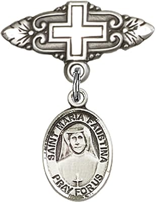 Sterling Silver Baby Badge with St. Maria Faustina Charm and Badge Pin with Cross 1 X 3/4 inches