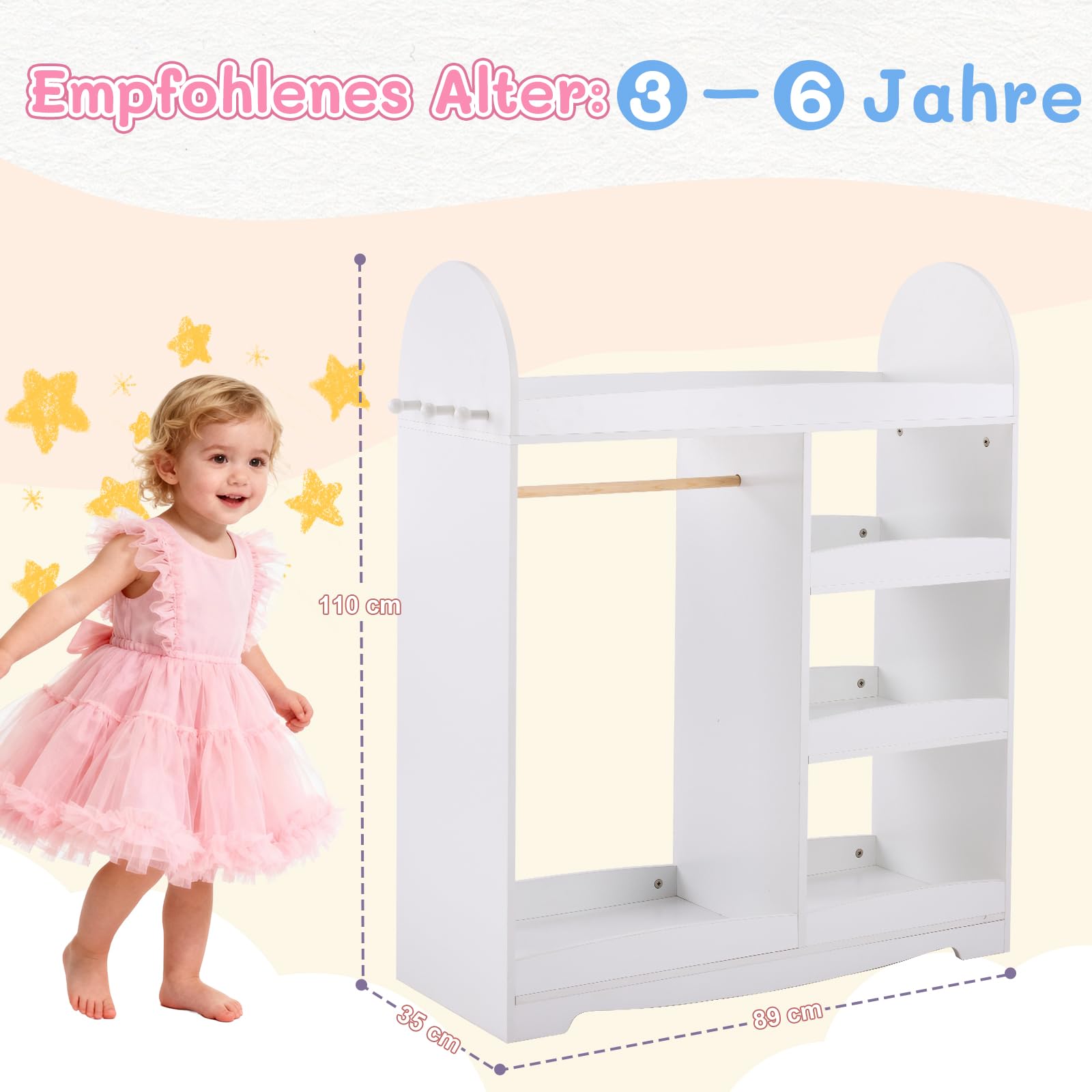 LALAHO kinderkleiderschrank，kleiderschrank kinderzimmer，kleiderschrank Kinder，kindergarderobe mit ablage，mit 3 Haken＆mit 5 offener Ablagen, Kinder Kleiderständer für Kinderzimmer（Weiß）