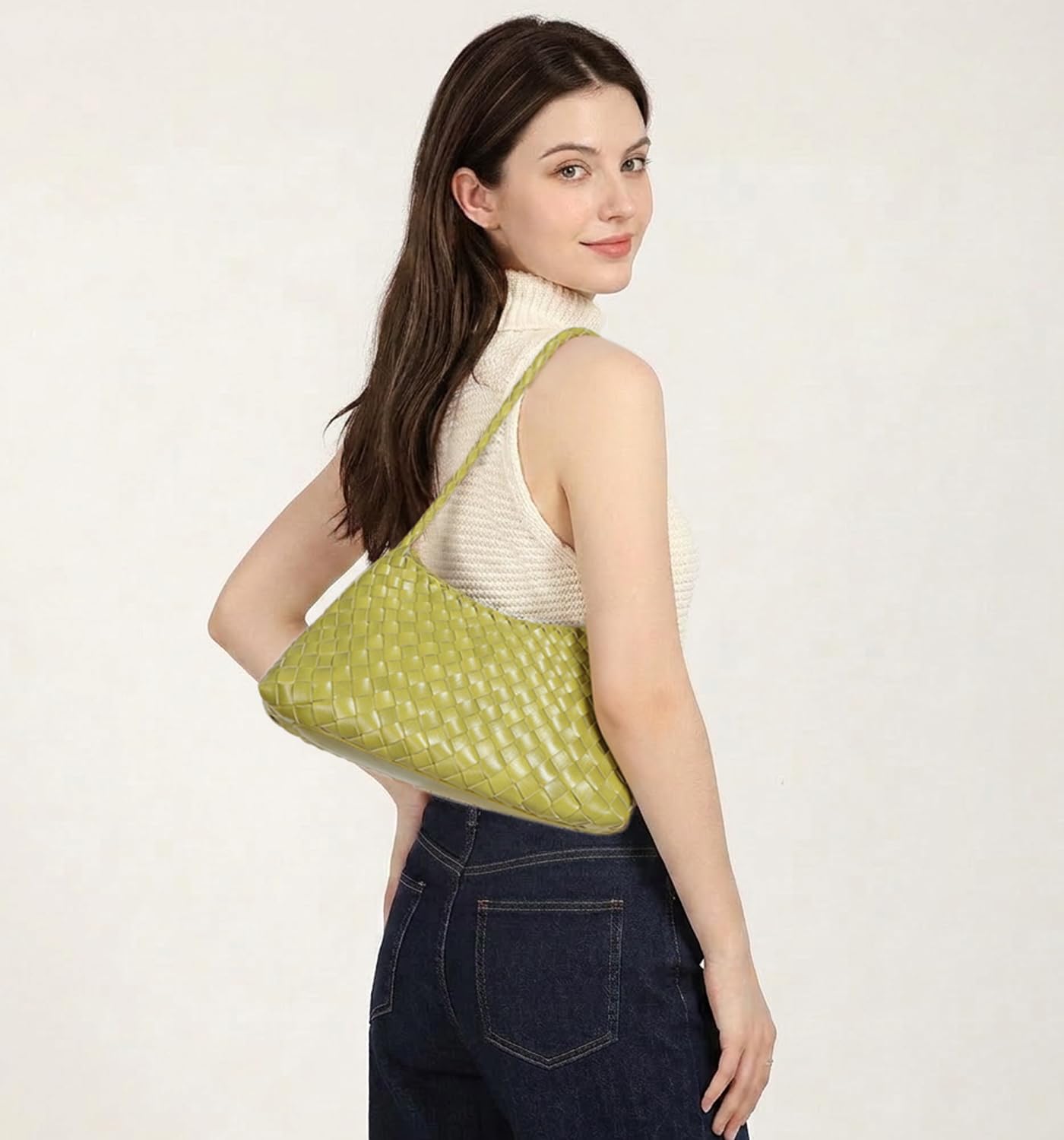 Women's Woven Hobo Bag – Vegan Leather Shoulder Tote Purse, Trendy Bucket Handbag Underarm Slouchy Clutch for Travel