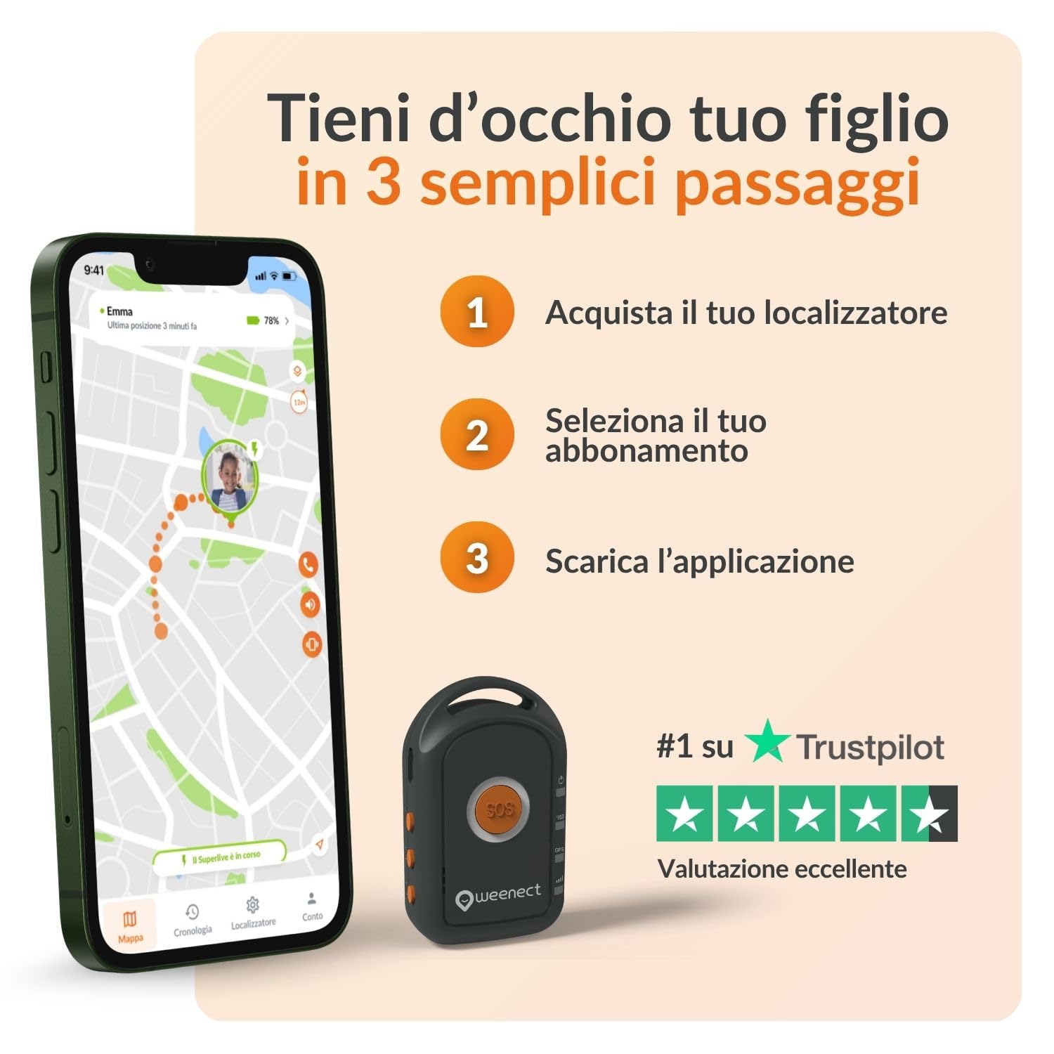 Weenect - GPS per bambini | Senza limiti di distanza | 7 giorni di autonomia | Pulsante di allarme | Telefono di emergenza | 2G | Funziona con abbonamento