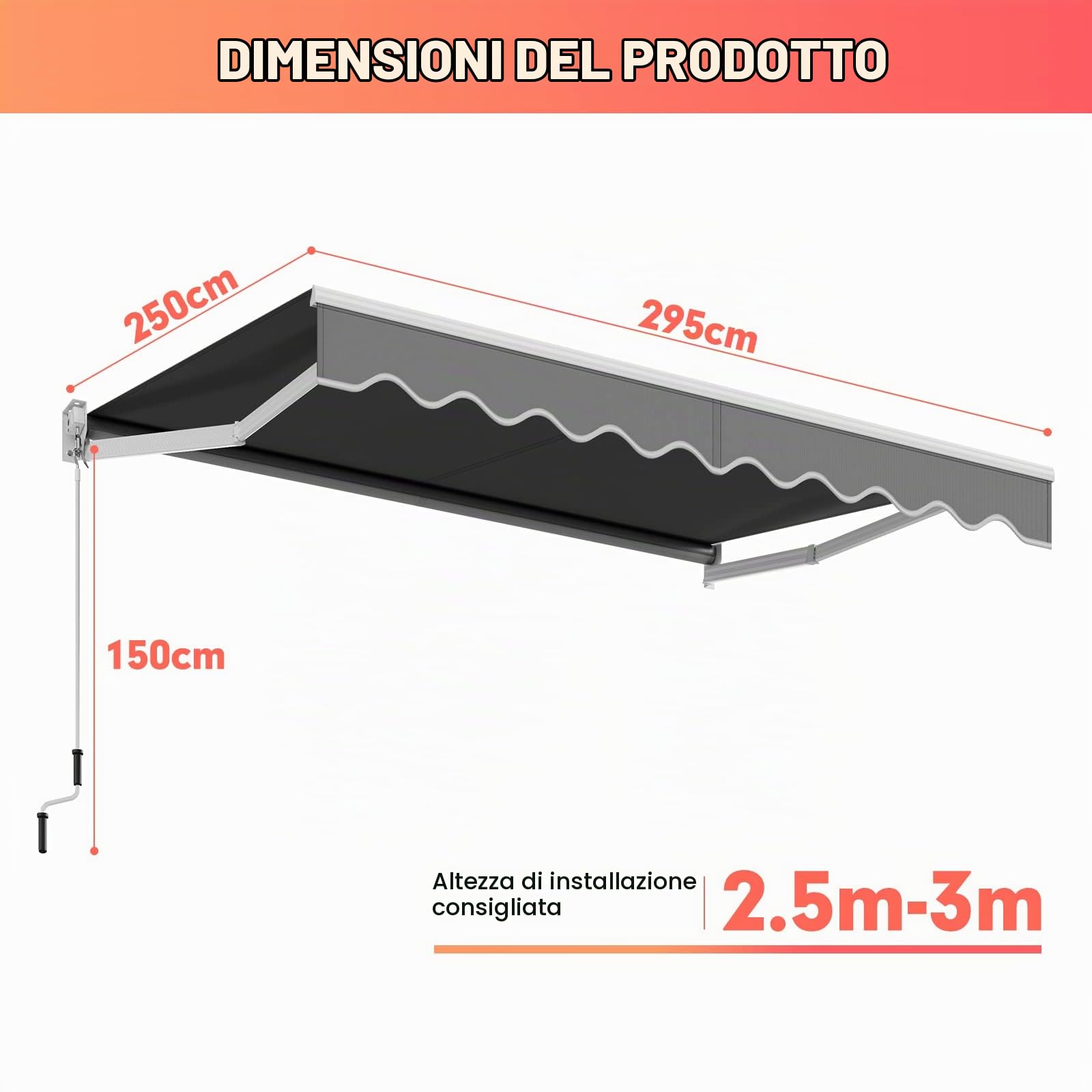 RELAX4LIFE Tenda da Sole con Bracci Estensibili 295x250cm con Manovella Manuale, Angolazione Regolabile per Balcone e Terrazzo, GRIGIO