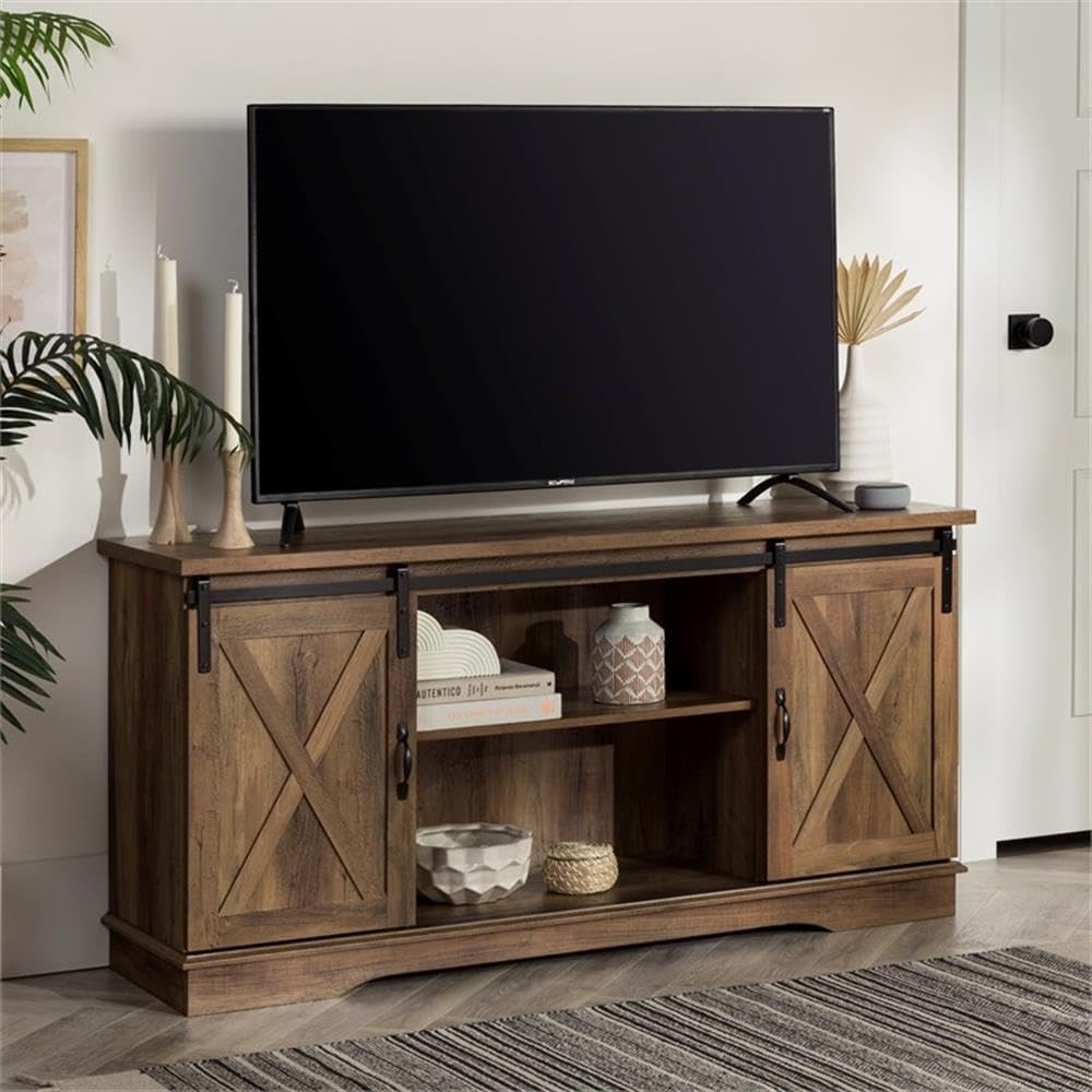 Walker Edison Richmond TV Stand in a living room setting, showcasing its appearance with a TV and decor.