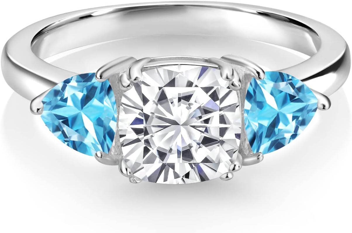 Gem Stone King Customized Personalized Engraved 3-Stone Ring For Women | 925 Sterling Silver | 7MM Cushion and 5MM Trillion Cut Gemstone Birthstone | Available In Size 5, 6, 7, 8, 9