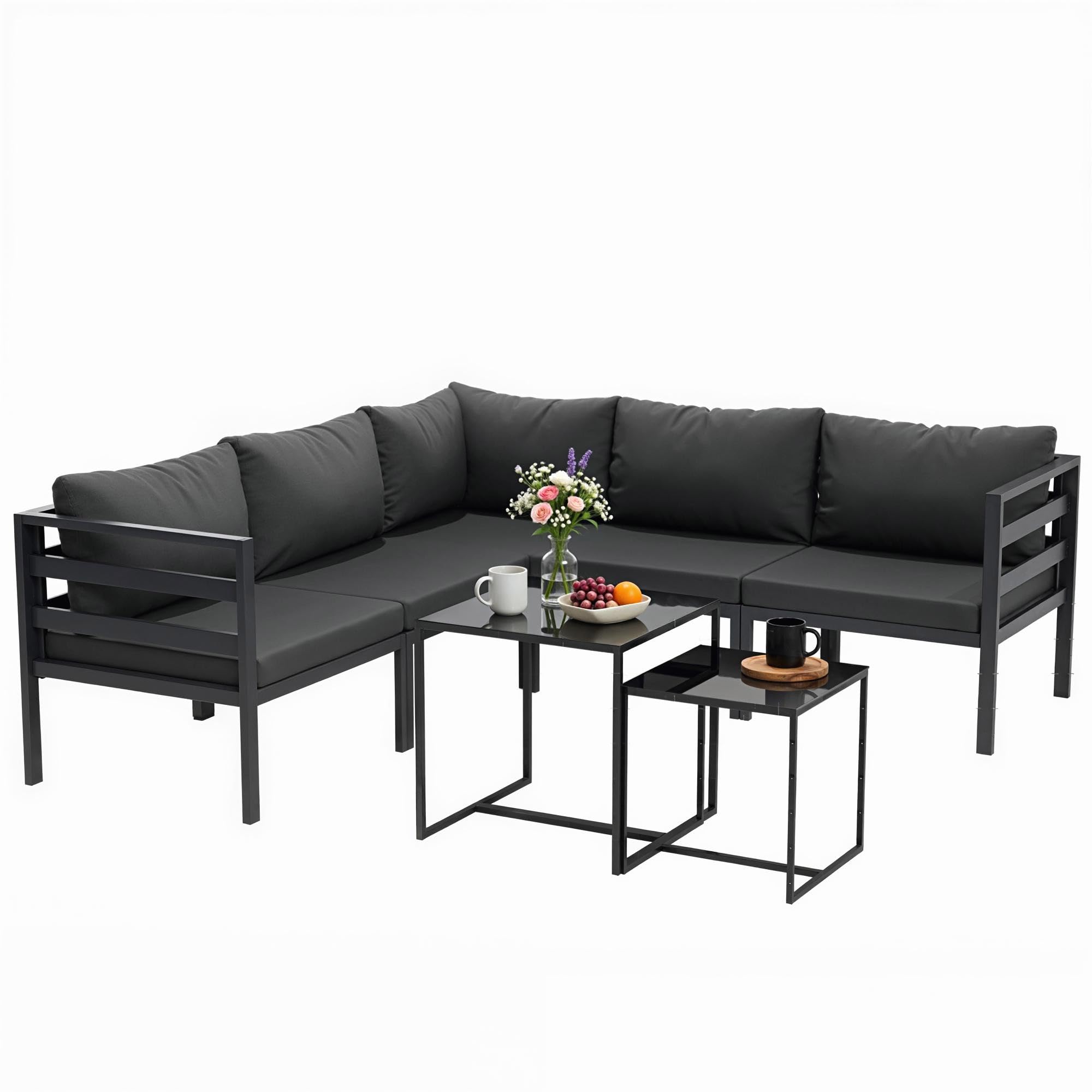 Outsunny Set Salotto da Giardino da 7 Pezzi 5 Poltrona da Esterno Grigio | 2 Tavolini da Caffè con Piano in Vetro, Cuscini, Set di Mobili in Acciaio e Poliestere