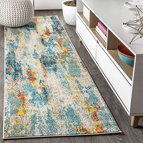 JONATHAN Y CTP106B-28 Contemporary POP Modern Abstract Vintage Waterfall Blue/Cream/Yellow 2 ft. x 8 ft. Runner-Rug, Bohemian,Easy-Cleaning,ForBedroom,Kitchen,LivingRoom, Non Shedding