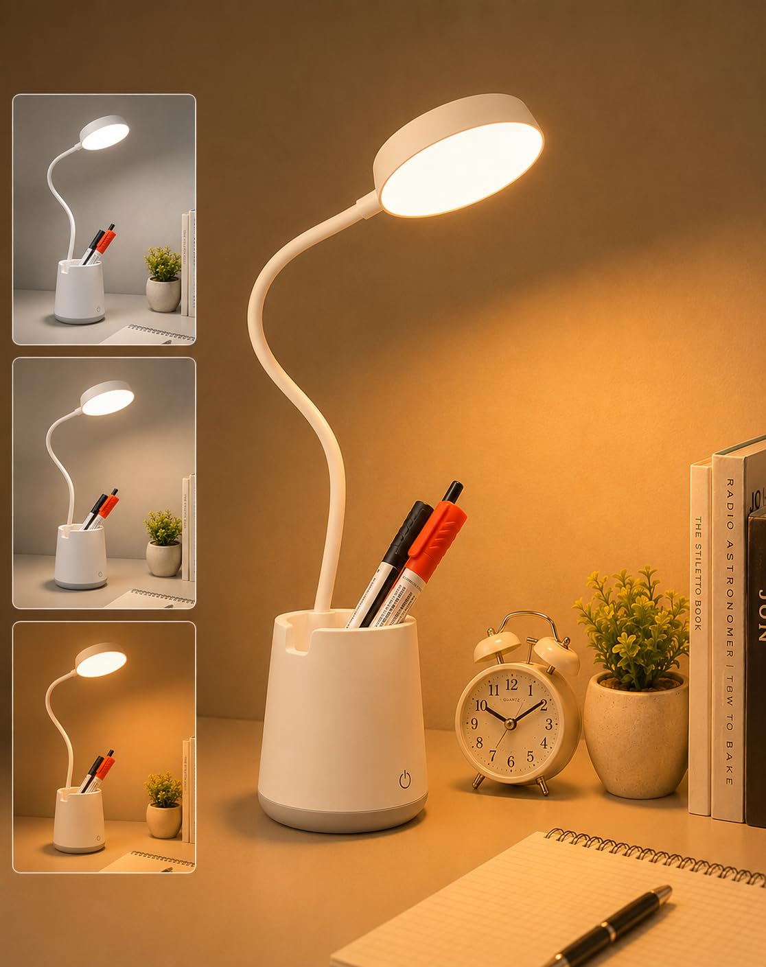 SaleOn Rechargeable LED Study Lamp with Pen Stand & Mobile Holder | Touch Control Table Lamp with 3 Light Modes for Study Desk, Bedside, Office | USB Charging (Rounded Rectangle)