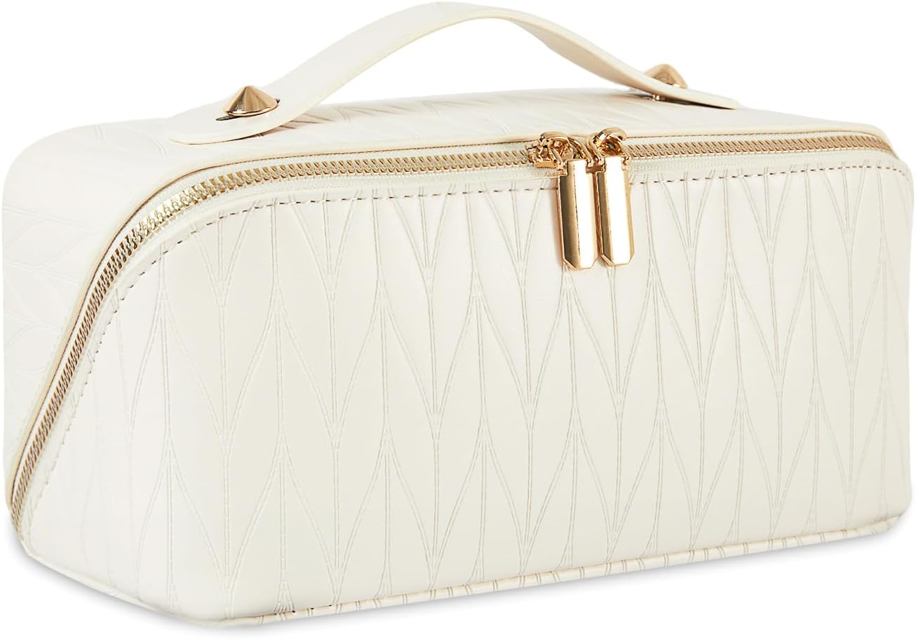 Travel Makeup Bag Large Capacity Cosmetic Bags for Women, Waterproof Toiletry Bag Open Flat Makeup Bag with Compartments and Handle, Portable Cosmetic Organizer Pouch, Wheat-White