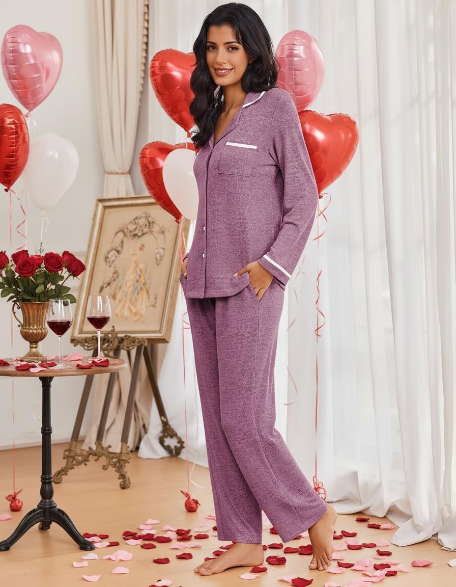 Ekouaer Women's Pajama Sets Long Sleeve Button Down 2 Piece Pjs Soft Lounge Sets Notch Collar Sleepwear - Image 2