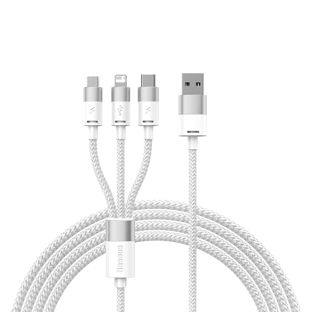 Baseus3 in 1 USB Phone Charger Cables, Starspeed 3.5A Fast Charging USB Type C, Micro USB & USB to Lightning Cable Compatible For iPhone, Samsung, Oppo... 1.2M (White)