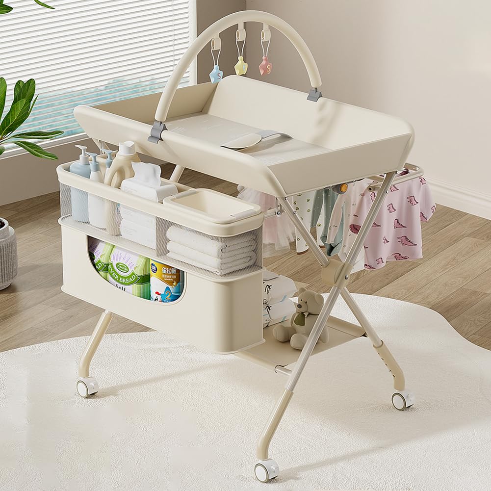 Morlinca Baby Changing Table Folding Baby Changing Unit 4-in-1 Baby Changing Station,Storage Tray and Rail,Height Adjustable,Infant Care Station for Changing Clothes and Diapers,Beige