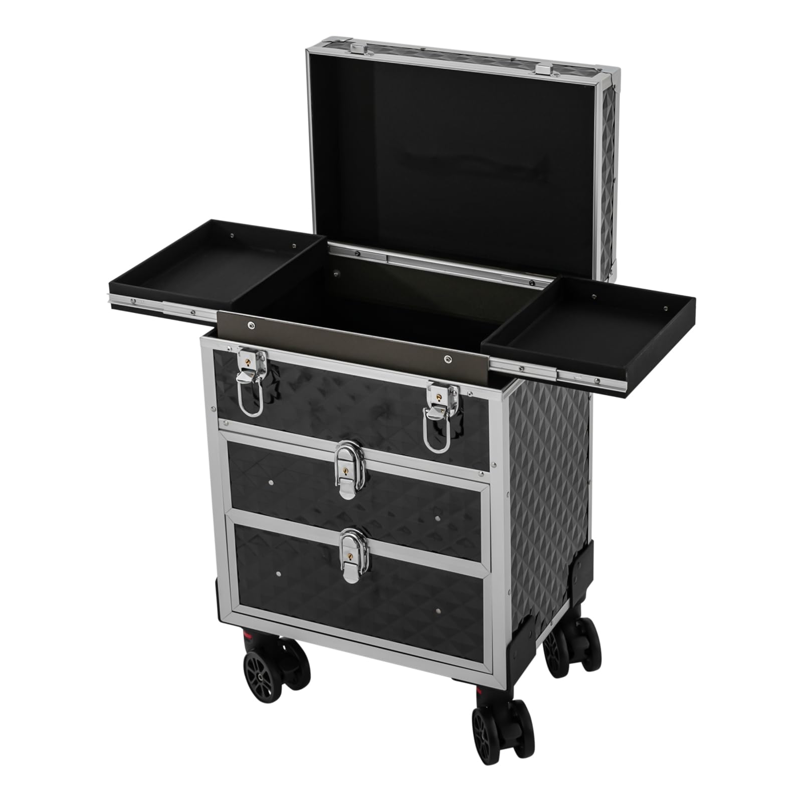 PDTHADP 11 x 8.7 x 37.8 Inch Rolling Makeup Train Case Cosmetology Case on Wheels 66 Lbs Hand-pulled Rolling Makeup Case with 4 Universal Wheels & Retractable Handle Hairdressing Trolley