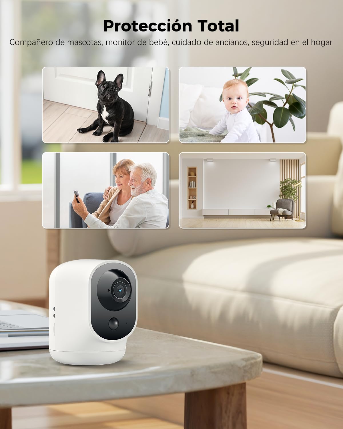 COCOCAM 2K Camara Vigilancia WiFi Interior Sin Cable con Batería 5200mAh, 355°P 90°T, Inalámbrica para Bebés Mascotas Cuidado Ancianos, Reconocimiento AI, Detección Humana PIR (1, Blanco)