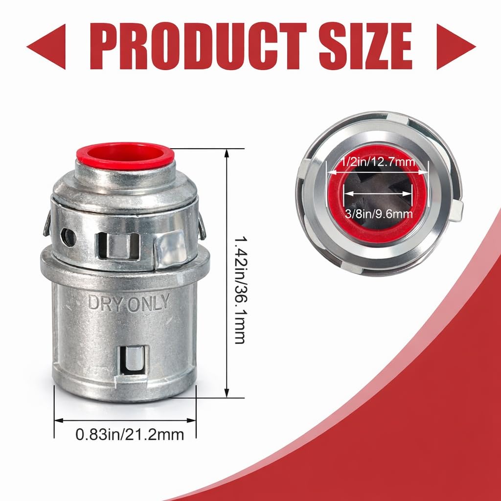 50 Packs 3/8" MC Cable Connectors, Zinc Snap-in Electrical Conduit Connectors, 1/2" Knockout Snap Lock Fittings for Steel and Aluminum Armored Cable