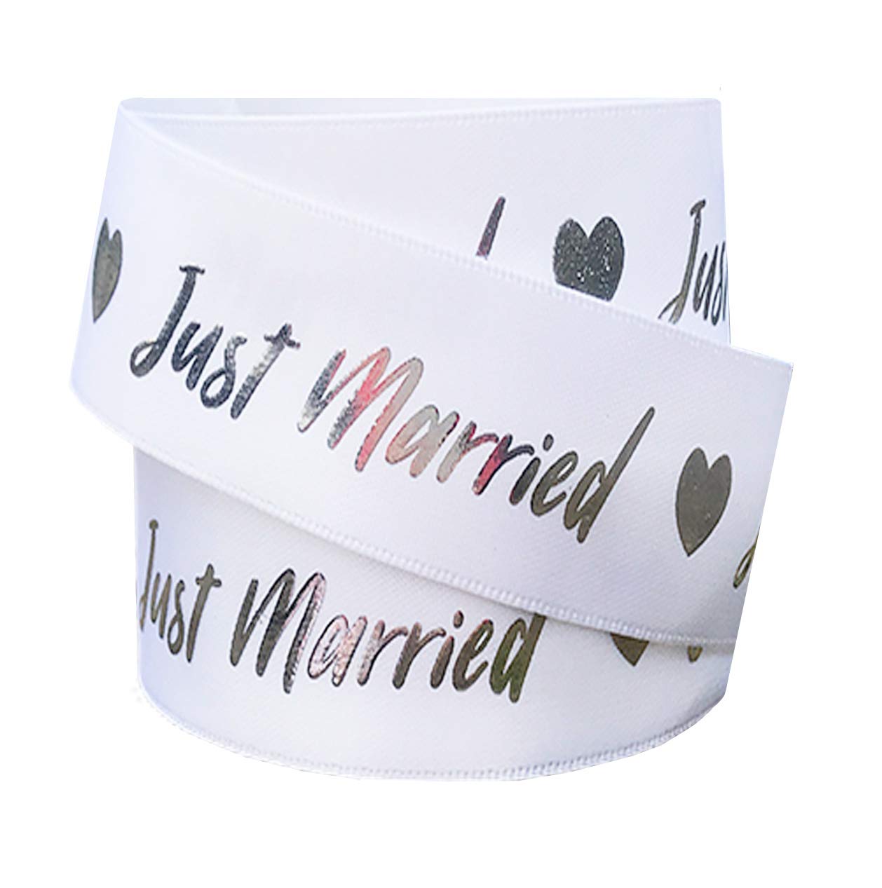 White & Silver Just Married 2m x 22mm Ribbon for Cake Gift Wrap Bows Toppers Wrapping Bags Box Balloon Cards Craft Personalised Wedding Anniversary