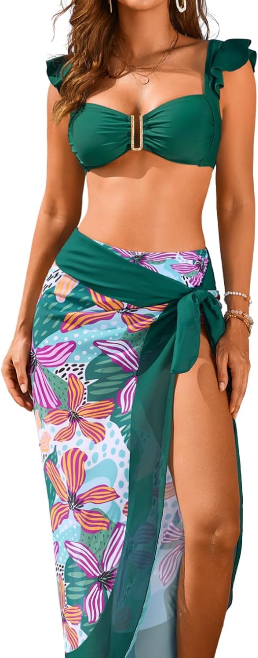 Women Sexy Floral Print 3 Piece Swimsuit, U Wired High Waisted Bikini Set with Sheer Sarong Wrap Skirt Beach Cover Up