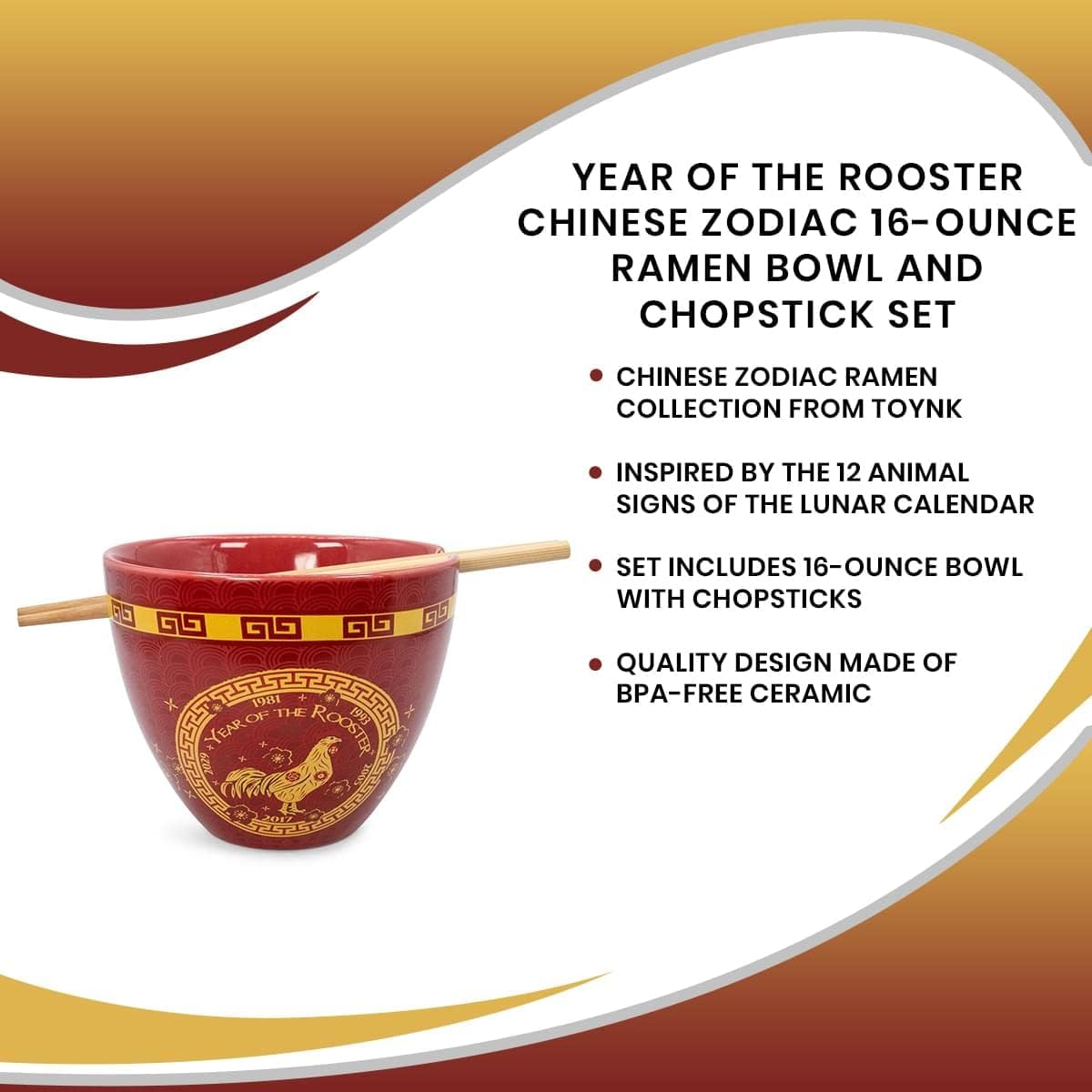 Year Of The Rooster Chinese Zodiac Ceramic Dinnerware Set | Includes 16-Ounce Ramen Noodle Bowl and Wooden Chopsticks | Asian Food Dish Set For Home & Kitchen | Kawaii Lunar New Year Gifts