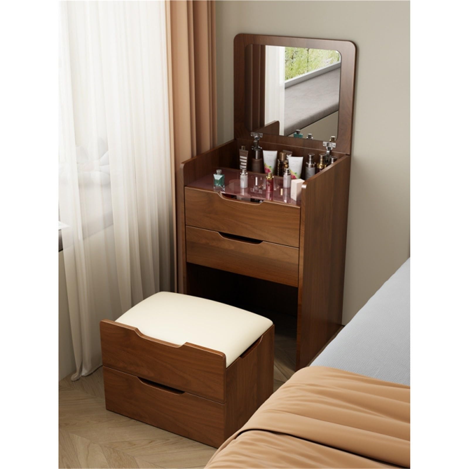 asdchZen Modern Vanity Table With Flip Top Mirror, Compact Makeup Desk With Storage & Cushioned Stool, Stylish Dressing Table For Bedroom, Long-Lasting White Finish,Brown-48cm