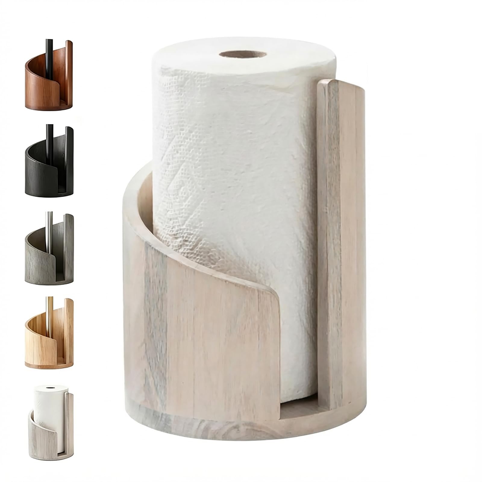 Portarrollos Cocina Madera Pino y Metal - Soporte Papel Cocina Vertical Diseño Espiral para Rollos Grandes - Dispensador Estable para Encimera y Mesa, Uso con Una Mano(Blanquecino)