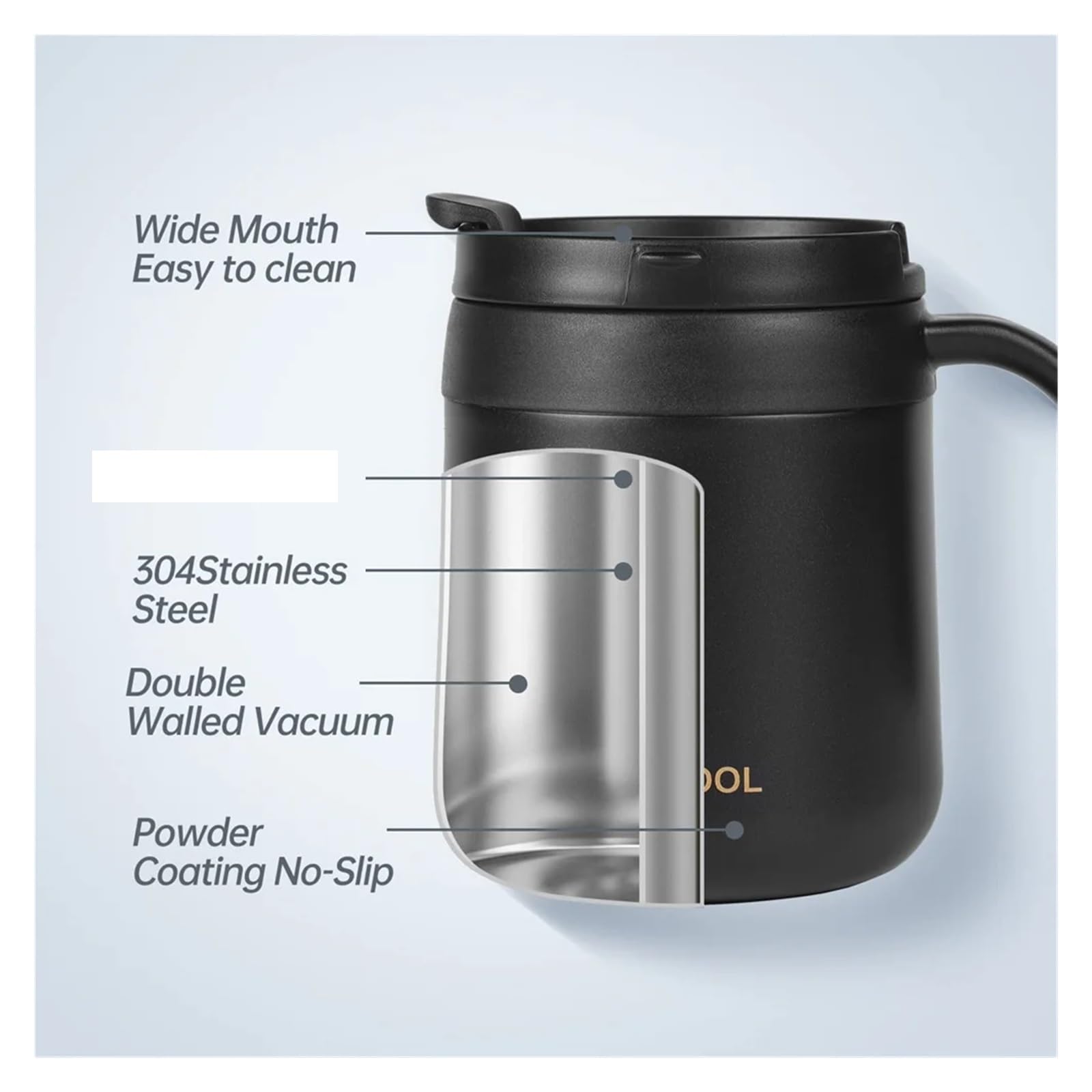 Taza de café aislada con asa, vaso acero inoxidable, tazas té labio para Café(500ml,Black)