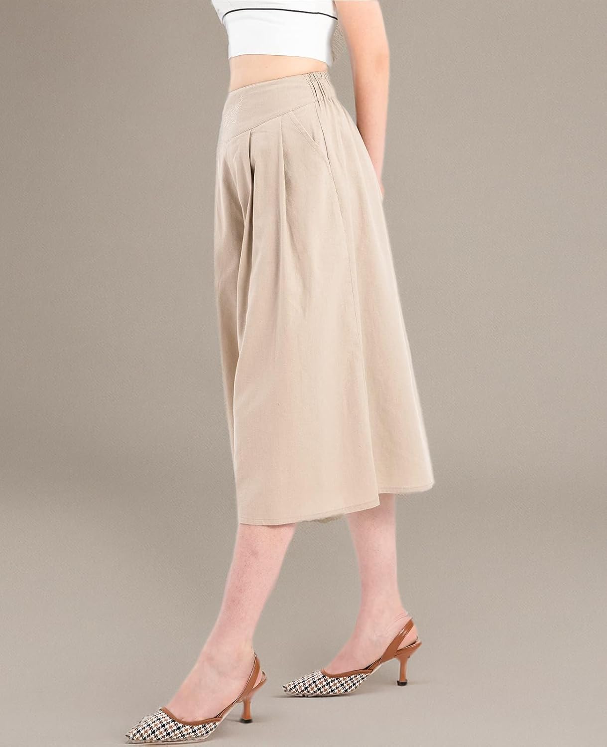 Lisskolo Women's Baggy Linen Wide Leg Palazzo Capris Pull On Embriodered Solid Summer Beach Cropped Culottes Pants Pocketed - Image 9