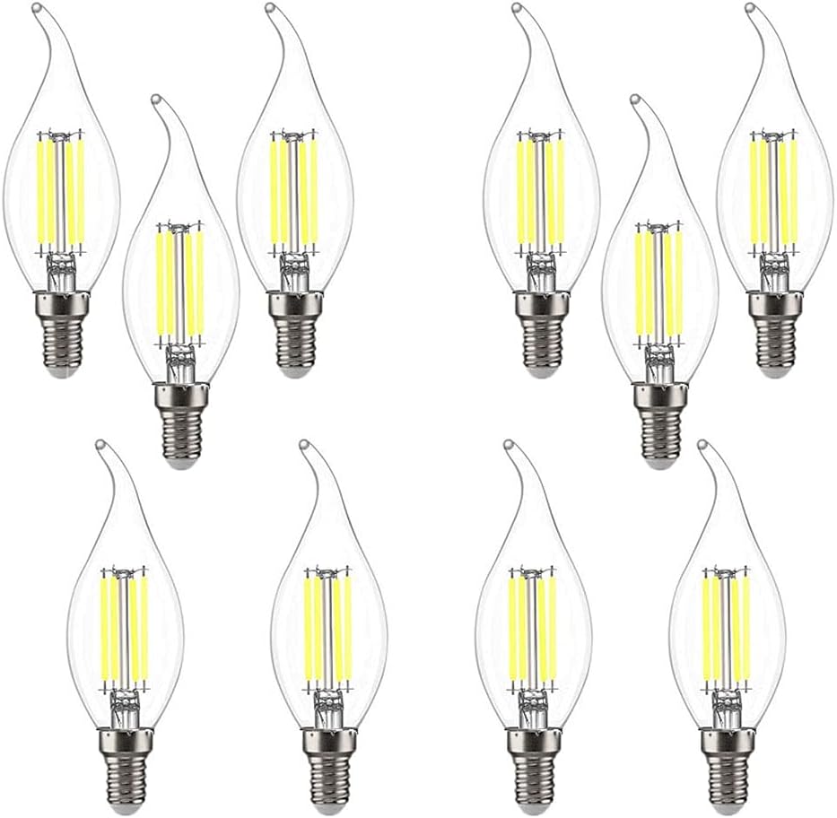 ZYUJIA 10 Packs 6W E14 LED Candle Bulb(Equivalent to 60W) 600LM Not-Dimmable C35 LED Filament Light Bulb,6500K Cool White Vintage Filament Energy Saving Candelabra Lamp,360 Beam Angle