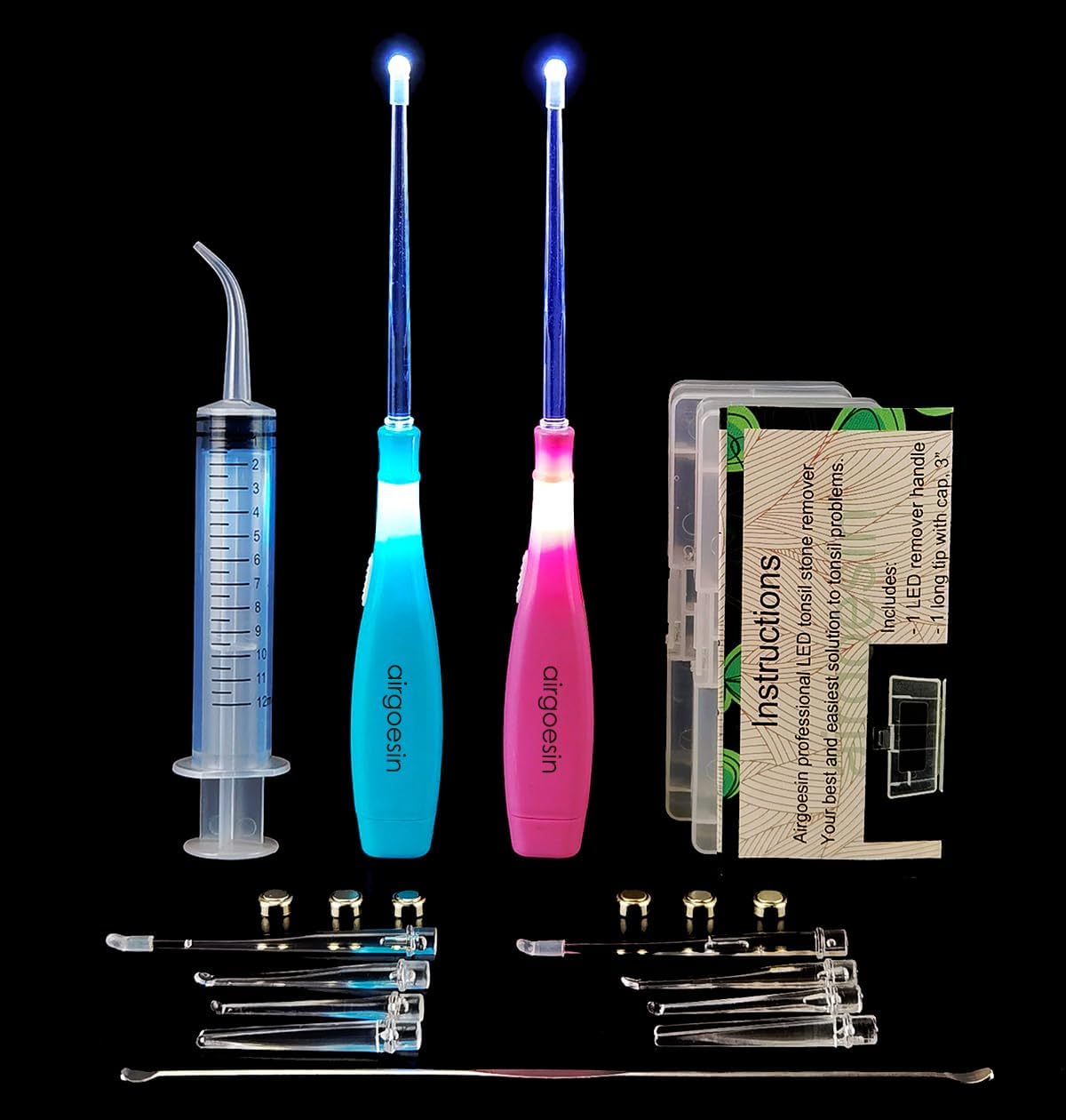 Airgoesin Upgraded 2 Lighted Tonsil Stone Remove Tool Tonsillolith Pick + Irrigation Clean Syringe Fresh Breath Oral Rinse