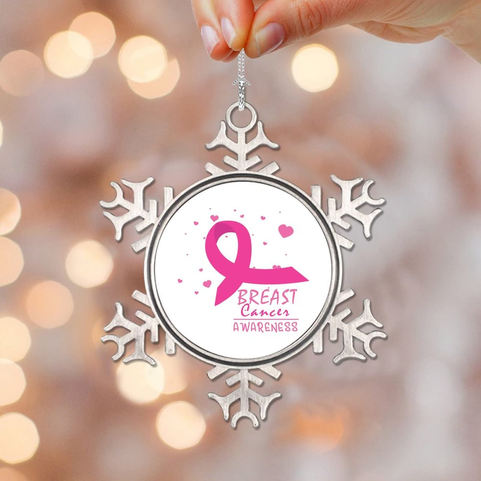 Breast Cancer Awareness Snowflake Metal Ornaments, Breast Cancer Ribbon Ornaments, Breast Cancer Awareness Christmas Ornament Keepsake Souvenir Gift for Christmas Tree Decoration