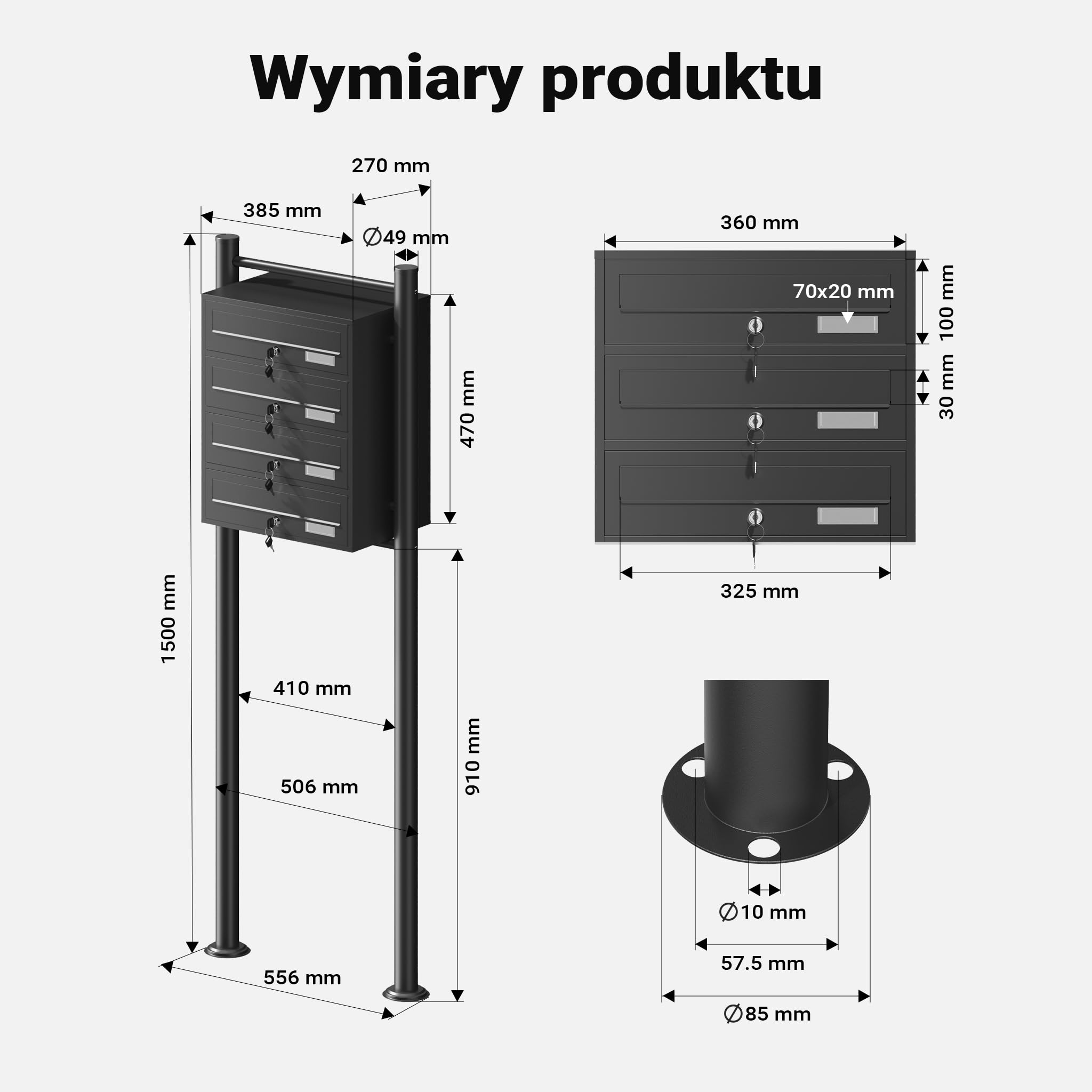 Wiltec Wolnostojąca poczwórna skrzynka na listy czarna, stalowa z 4 skrzynkami pocztowymi zamykana na klucz, stojąca do montażu podłogowego