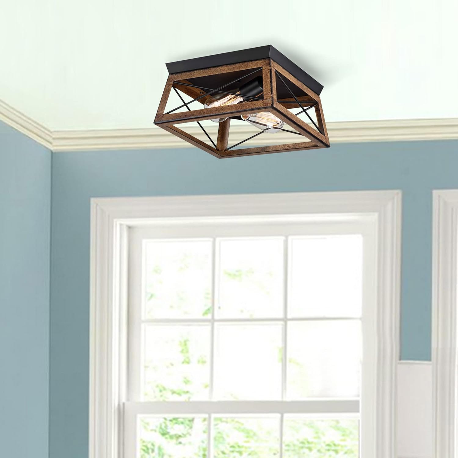 2-Bulb Farmhouse Industrial Flush Mount Ceiling Light Barnwood Square Ceiling Light Fixture for Bedroom Entryway Hallway Porch Outdoor Cage Lamp Faux Wood, E26